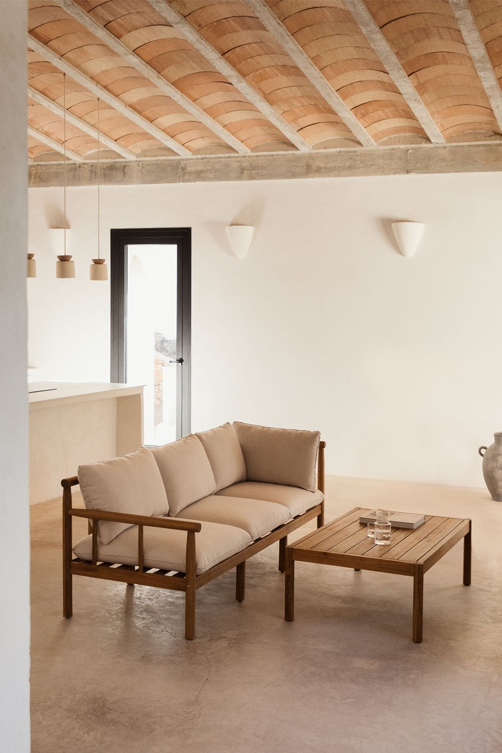 Set da salotto con divano a 3 posti e tavolino in legno di acacia Melvin