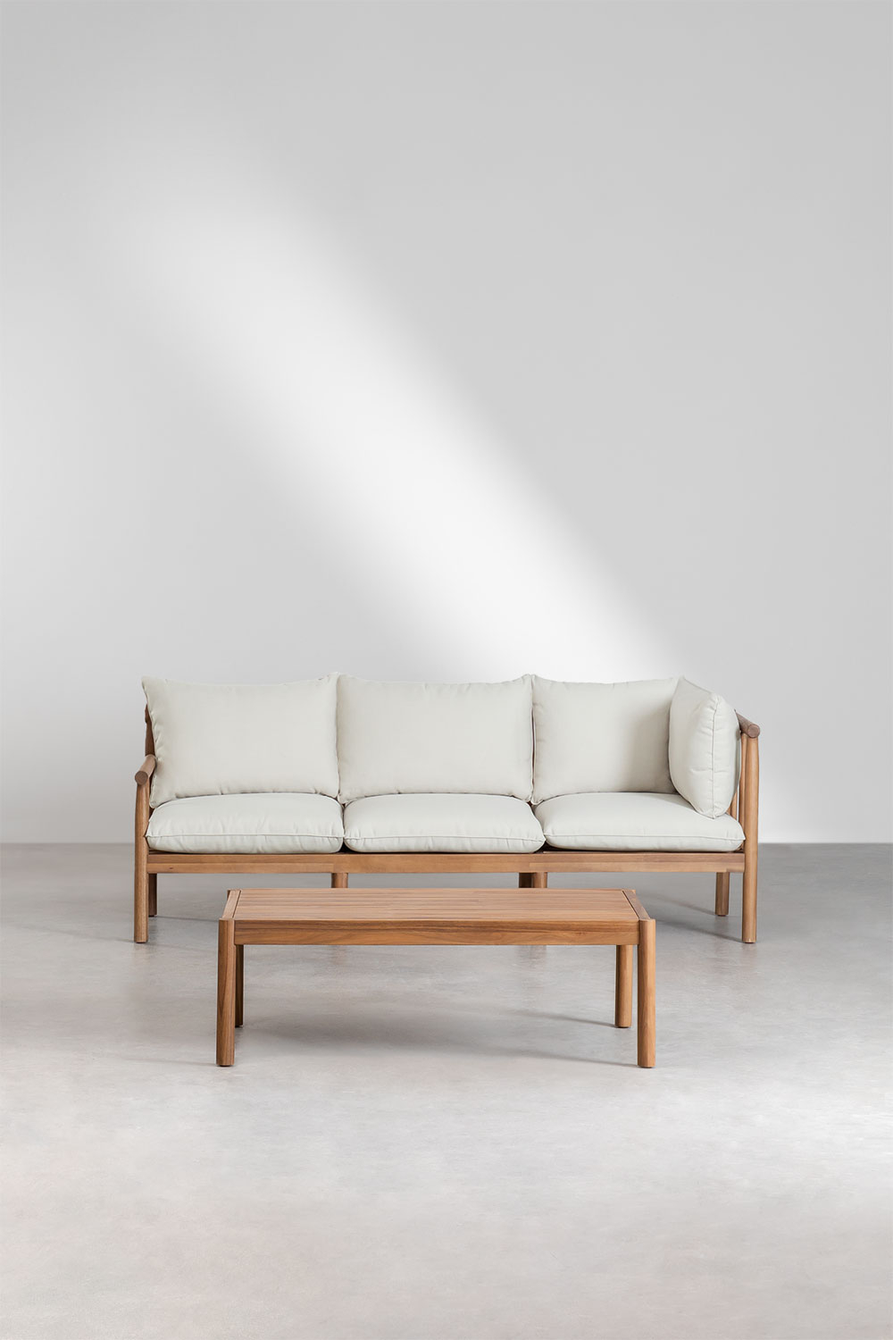 Set da salotto con divano a 3 posti e tavolino in legno di acacia Melvin
