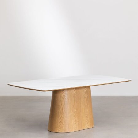 Set tavolo rettangolare impiallacciato in ceramica (200x100 cm) Aura e 8 sedie da pranzo in legno di frassino e tessuto Leo bouc