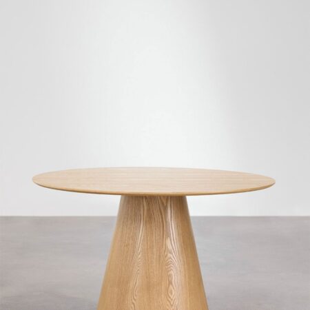 Set tavolo rotondo Aura impiallacciato frassino (Ø120 cm) e 4 sedie da pranzo in frassino e tessuto Lucca bouclé