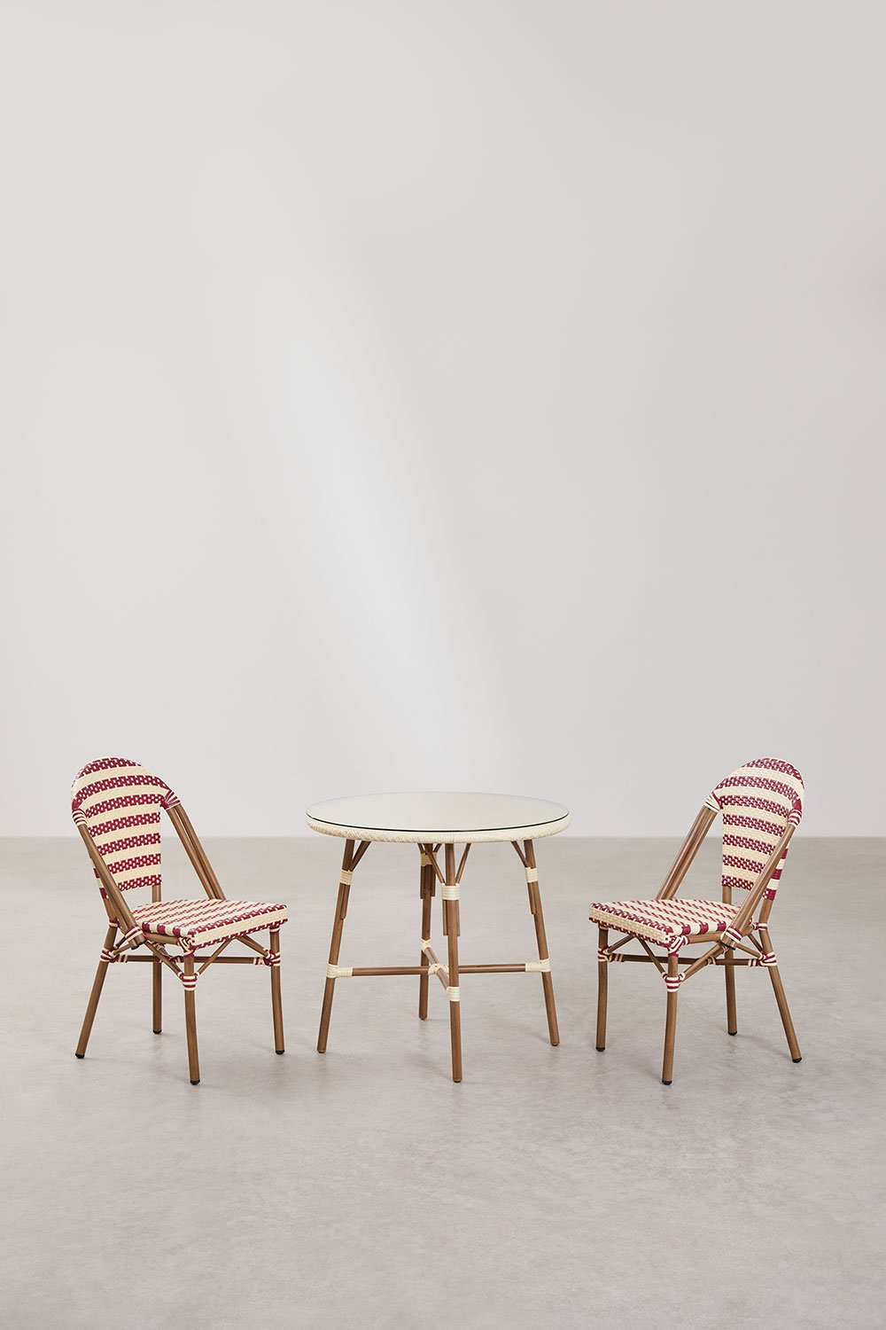 Set tavolo rotondo Ø80 cm Brielle Bistro e 2 sedie impilabili in rattan sintetico e alluminio Solange Bistro