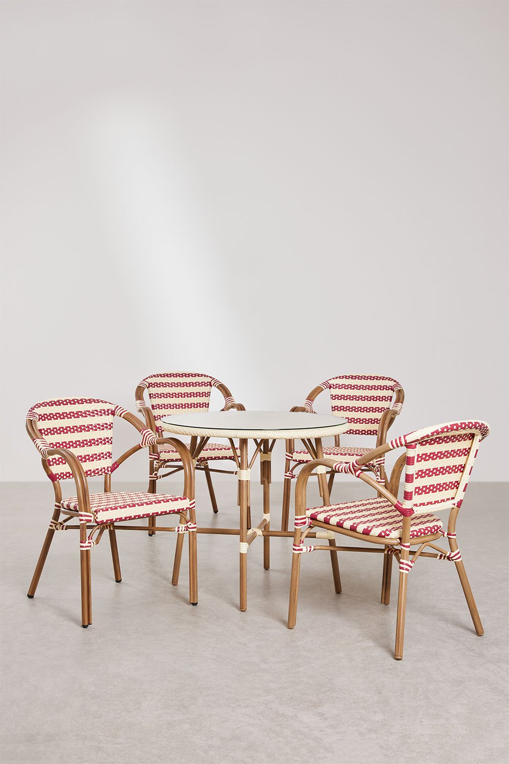Set da tavolo rotondo Ø80 cm Brielle Bistro e 4 sedie con braccioli in rattan sintetico e alluminio Solange Bistro