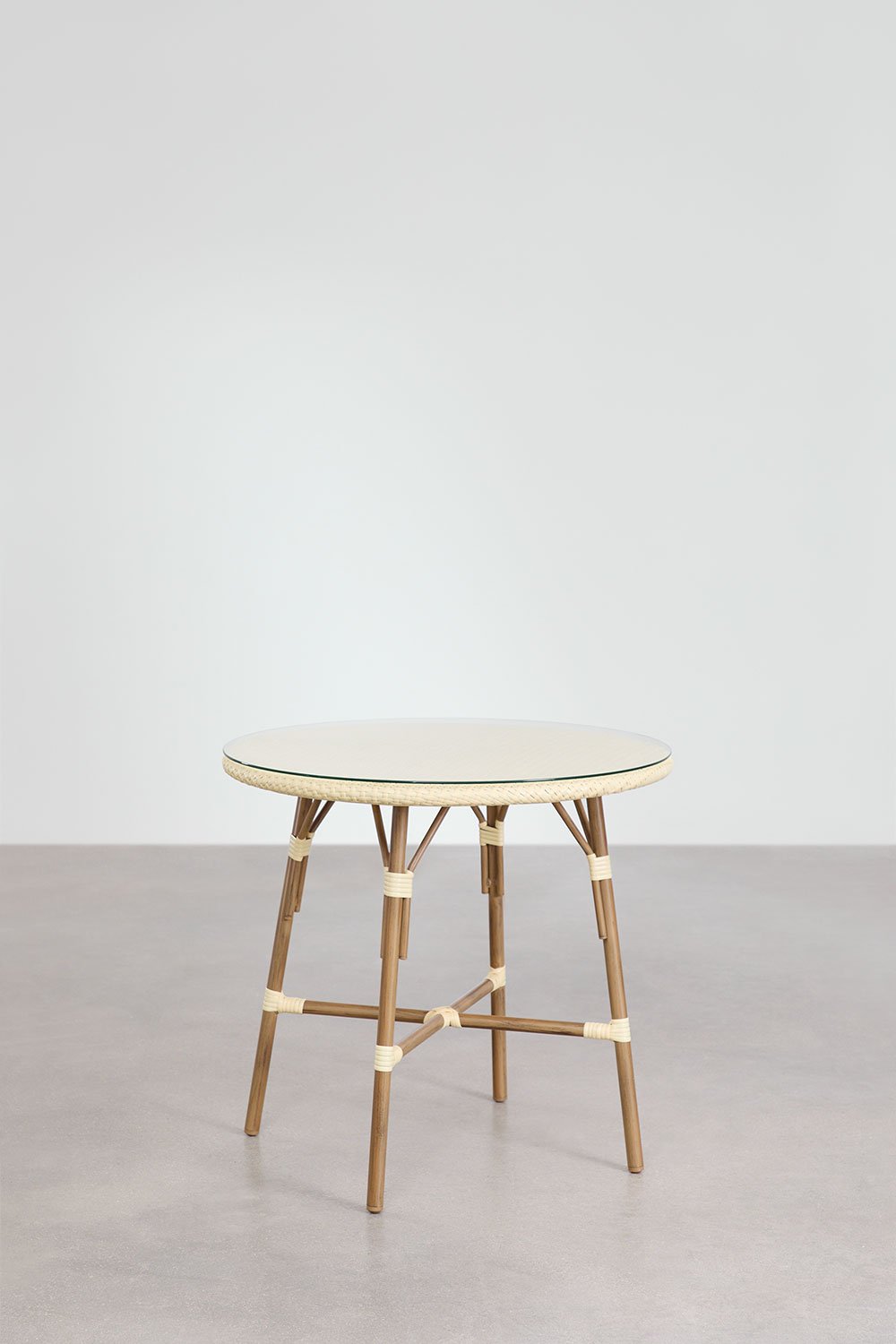 Set da tavolo rotondo Ø80 cm Brielle Bistro e 4 sedie con braccioli in rattan sintetico e alluminio Solange Bistro