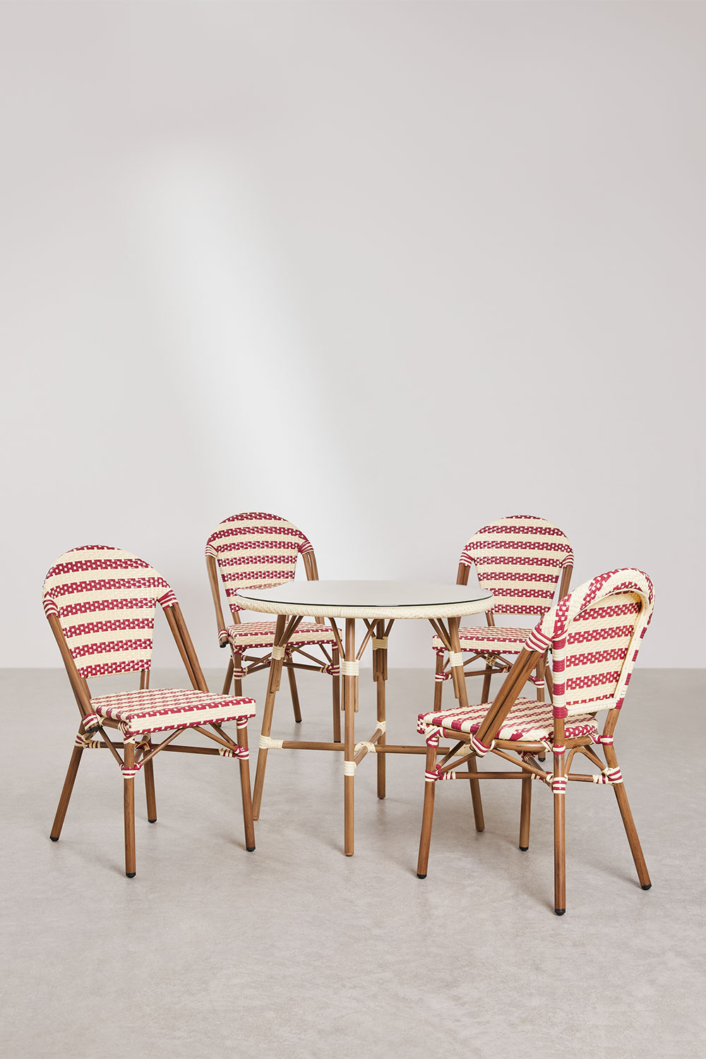 Set da tavolo rotondo Ø80 cm Brielle Bistro e 4 sedie da giardino impilabili in rattan sintetico e alluminio Solange Bistro