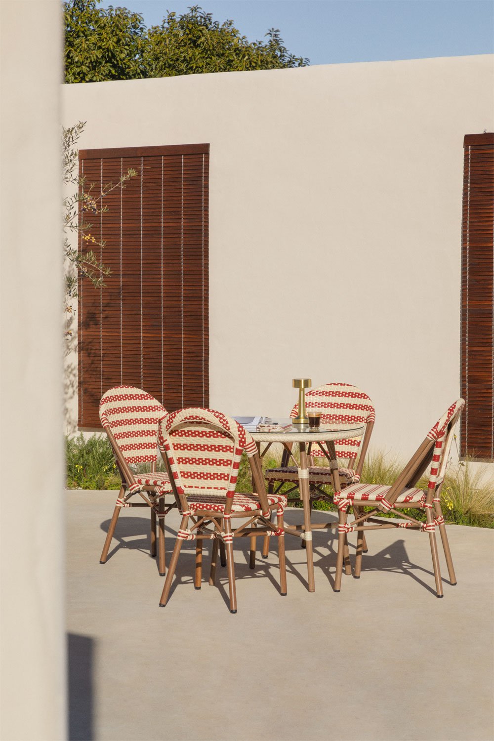 Set da tavolo rotondo Ø80 cm Brielle Bistro e 4 sedie da giardino impilabili in rattan sintetico e alluminio Solange Bistro
