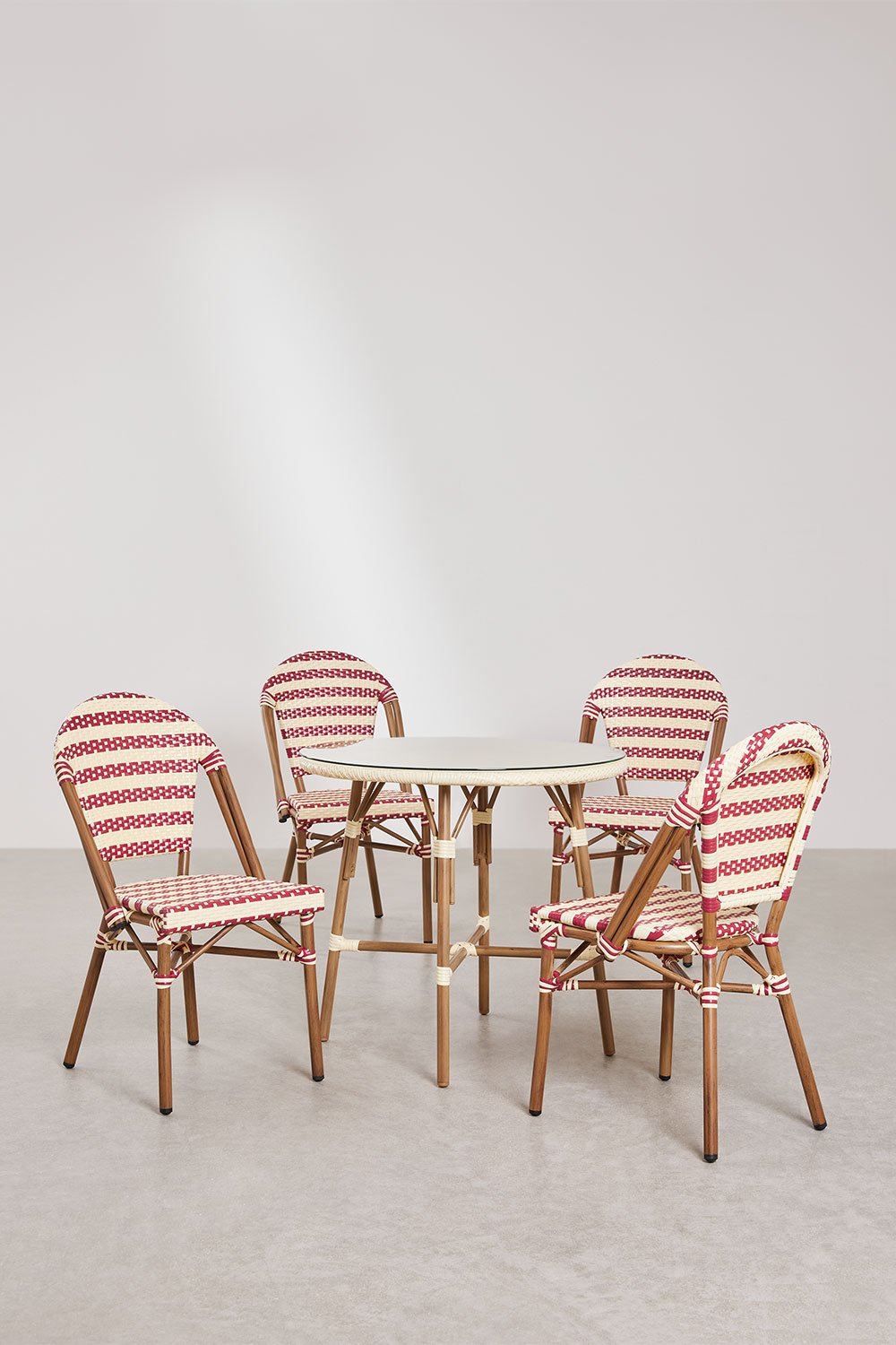 Set da tavolo rotondo Ø80 cm Brielle Bistro e 4 sedie impilabili in rattan sintetico e alluminio Solange Bistro
