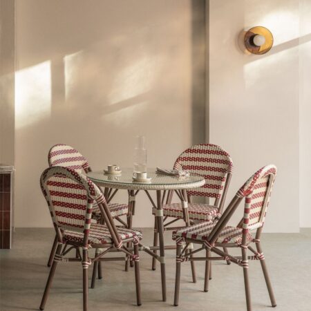 Set da tavolo rotondo Ø80 cm Brielle Bistro e 4 sedie impilabili in rattan sintetico e alluminio Solange Bistro
