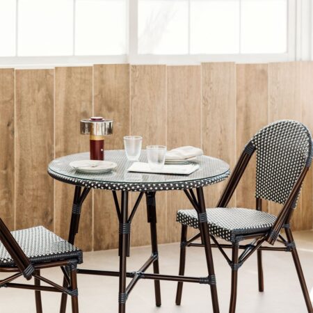 Set da tavolo rotondo Ø80 cm e 2 sedie da pranzo impilabili in alluminio e rattan sintetico Brielle Bistro