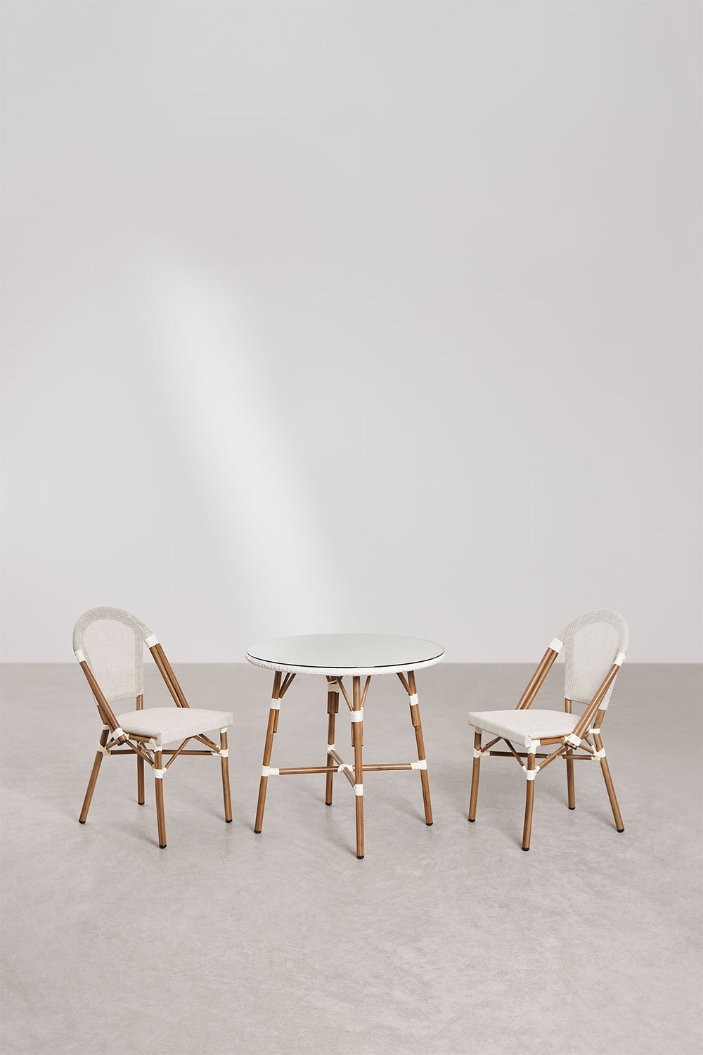 Set da tavolo rotondo Ø80 cm e 2 sedie impilabili in textilene e alluminio Brielle Bistro