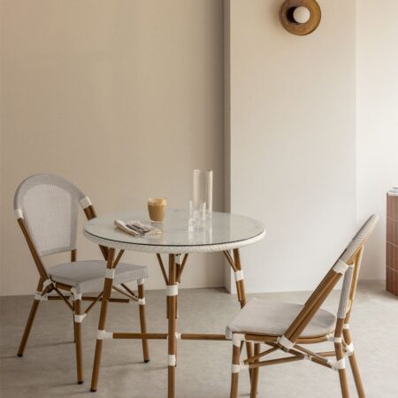 Set da tavolo rotondo Ø80 cm e 2 sedie impilabili in textilene e alluminio Brielle Bistro