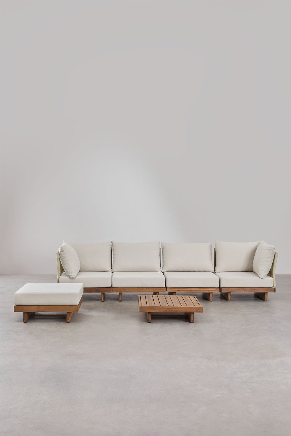 Set di divani da giardino modulari Dailin da 4 pezzi con 2 sedie angolari, tavolino e pouf in legno di acacia