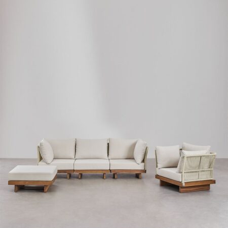 Set di divani modulari Dailin da 3 pezzi con 2 sedie angolari, poltrona e pouf in legno di acacia