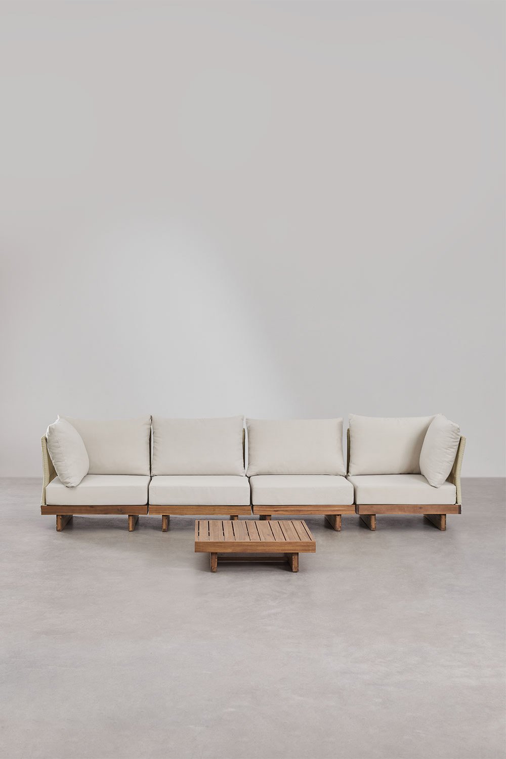 Set di divani modulari Dailin da 4 pezzi con 2 poltrone angolari e tavolino in legno di acacia