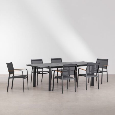 Set tavolo allungabile rettangolare in alluminio Starmi (180-240x100 cm) e 6 sedie da giardino impilabili in alluminio Archer