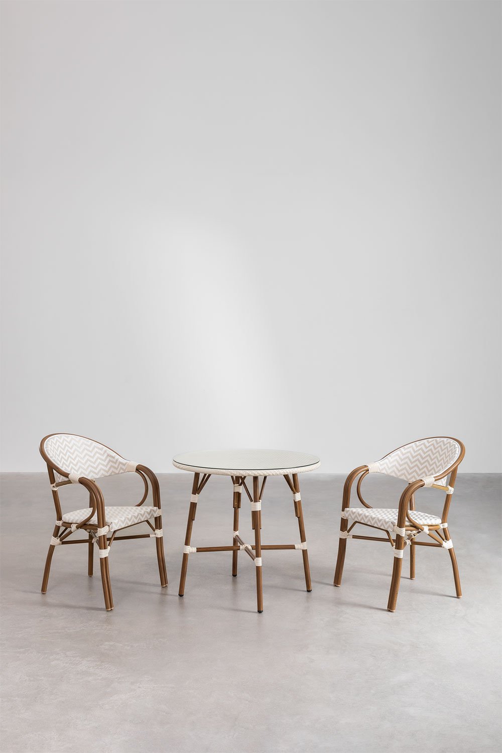 Brielle Bistro set tavolo rotondo Ø80 cm e 2 sedie da pranzo impilabili con braccioli in alluminio