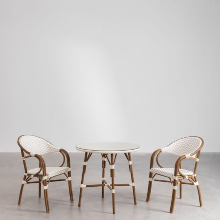 Set di Tavolo Rotondo (Ø80 cm) e 2 Sedie da Pranzo Impilabili con Braccioli in Alluminio Brielle Bistro