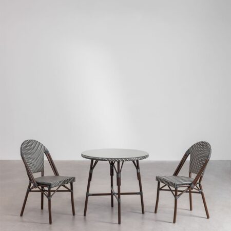 Set di Tavolo Rotondo (Ø80 cm) e 2 Sedie da Pranzo Impilabili in Alluminio e Rattan Sintetico Brielle Bistro