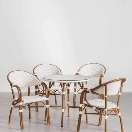 Set di Tavolo Rotondo (Ø80 cm) e 4 Sedie da Pranzo Impilabili con Braccioli in Alluminio Brielle Bistro