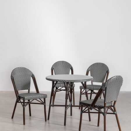 Set di Tavolo Rotondo (Ø80 cm) e 4 Sedie da Pranzo Impilabili in Alluminio e Rattan Sintetico Brielle Bistro