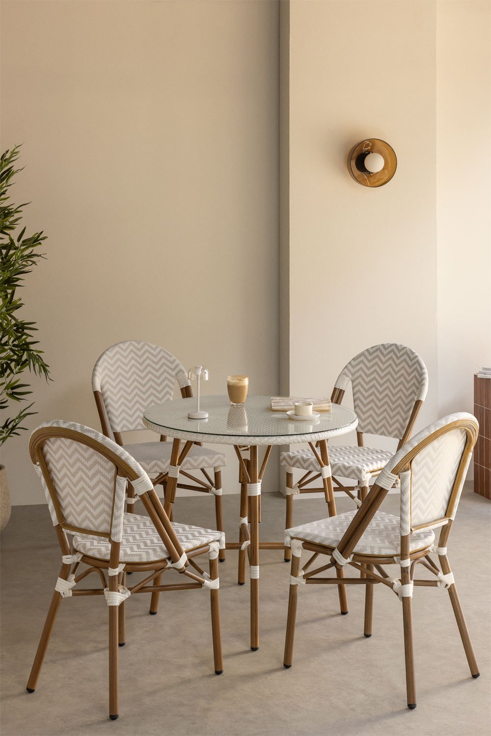 Set da tavolo rotondo Ø80 cm e 4 sedie da pranzo impilabili in alluminio e rattan sintetico Brielle Bistro