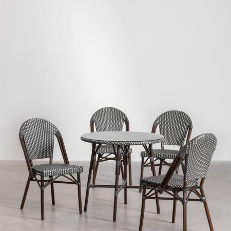 Set da tavolo rotondo Ø80 cm e 4 sedie da pranzo impilabili in alluminio e rattan sintetico Brielle Bistro