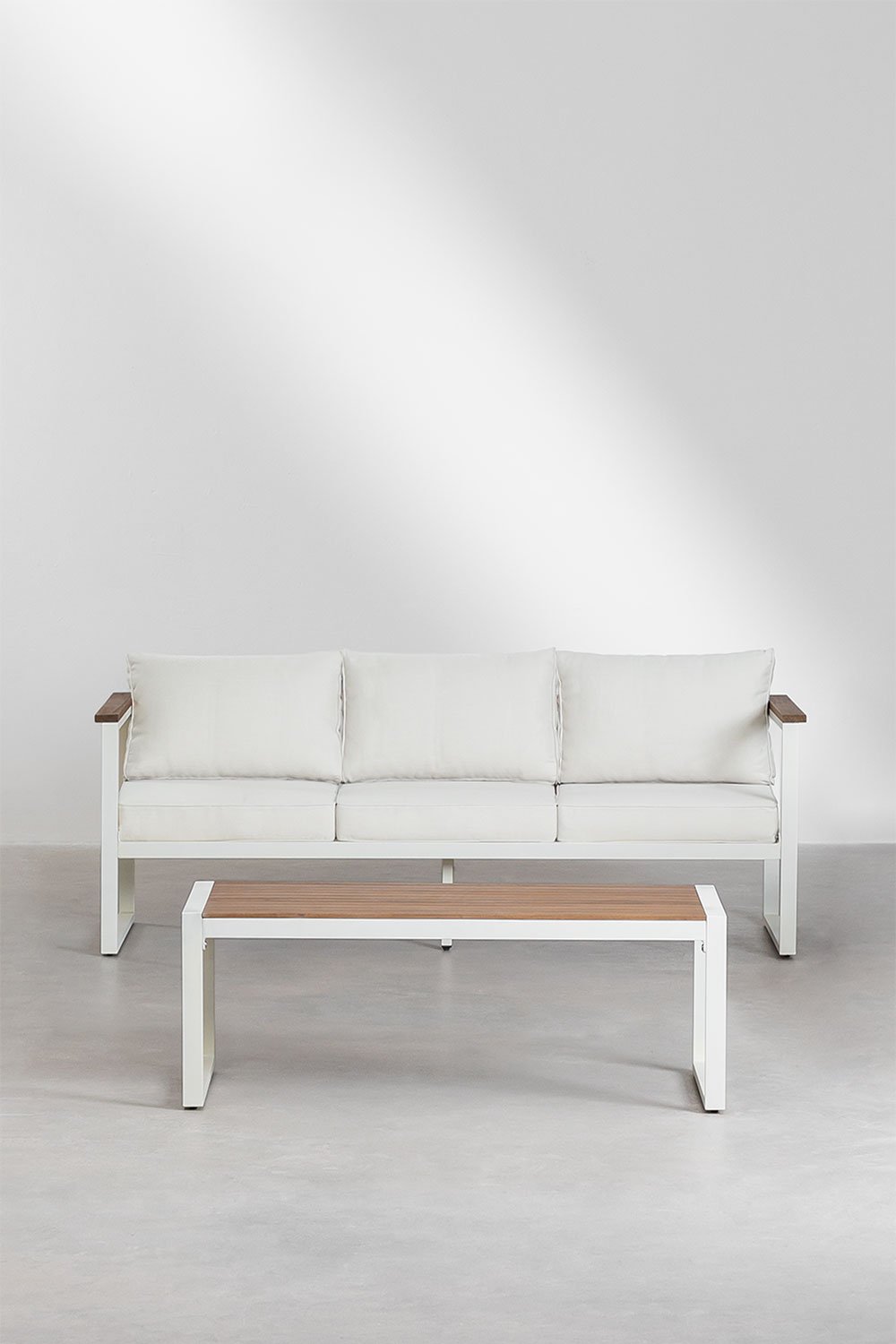 Set da giardino con divano 3 posti e tavolino in alluminio e legno di acacia 110x55 cm Lipov