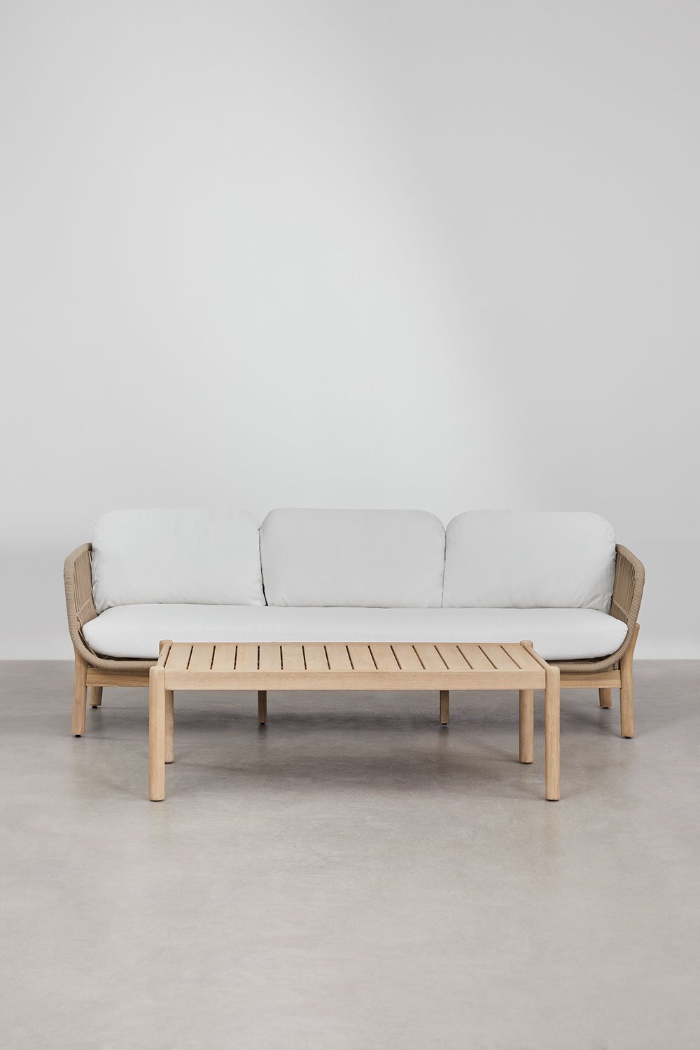 Set da giardino con divano a 3 posti e tavolino rettangolare 120x60 cm in alluminio e legno di acacia Karvia