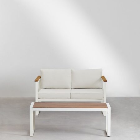 Set Divano a 2 Posti e Tavolino da Giardino in Alluminio e Legno di Acacia (110x55 cm) Lipov
