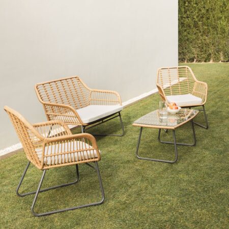 Set da giardino con divano 2 posti, 2 poltrone e tavolino in acciaio e rattan sintetico Visutt