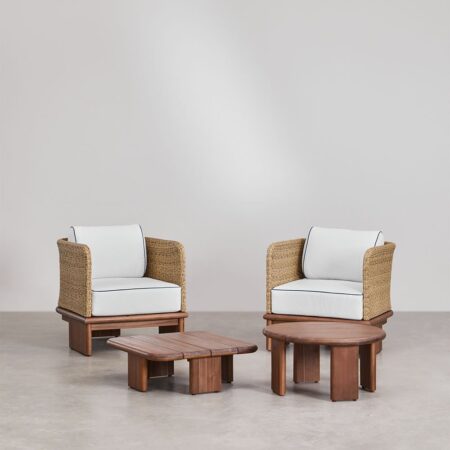 Set soggiorno con 2 poltrone e 2 tavolini in rattan e legno di acacia Famara