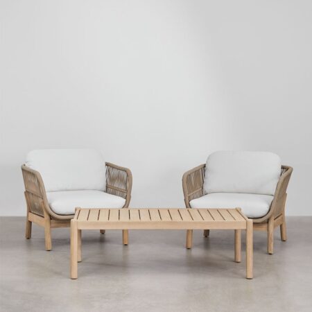 Set soggiorno con 2 poltrone e tavolino in legno di acacia e corda intrecciata Karvia