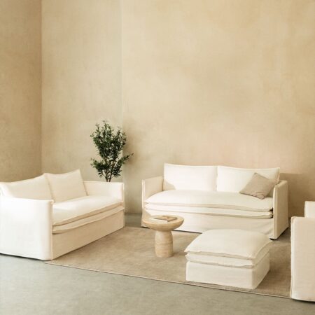 Set soggiorno con divano 2 posti, divano 3 posti, poltrona e pouf in lino e cotone Grace