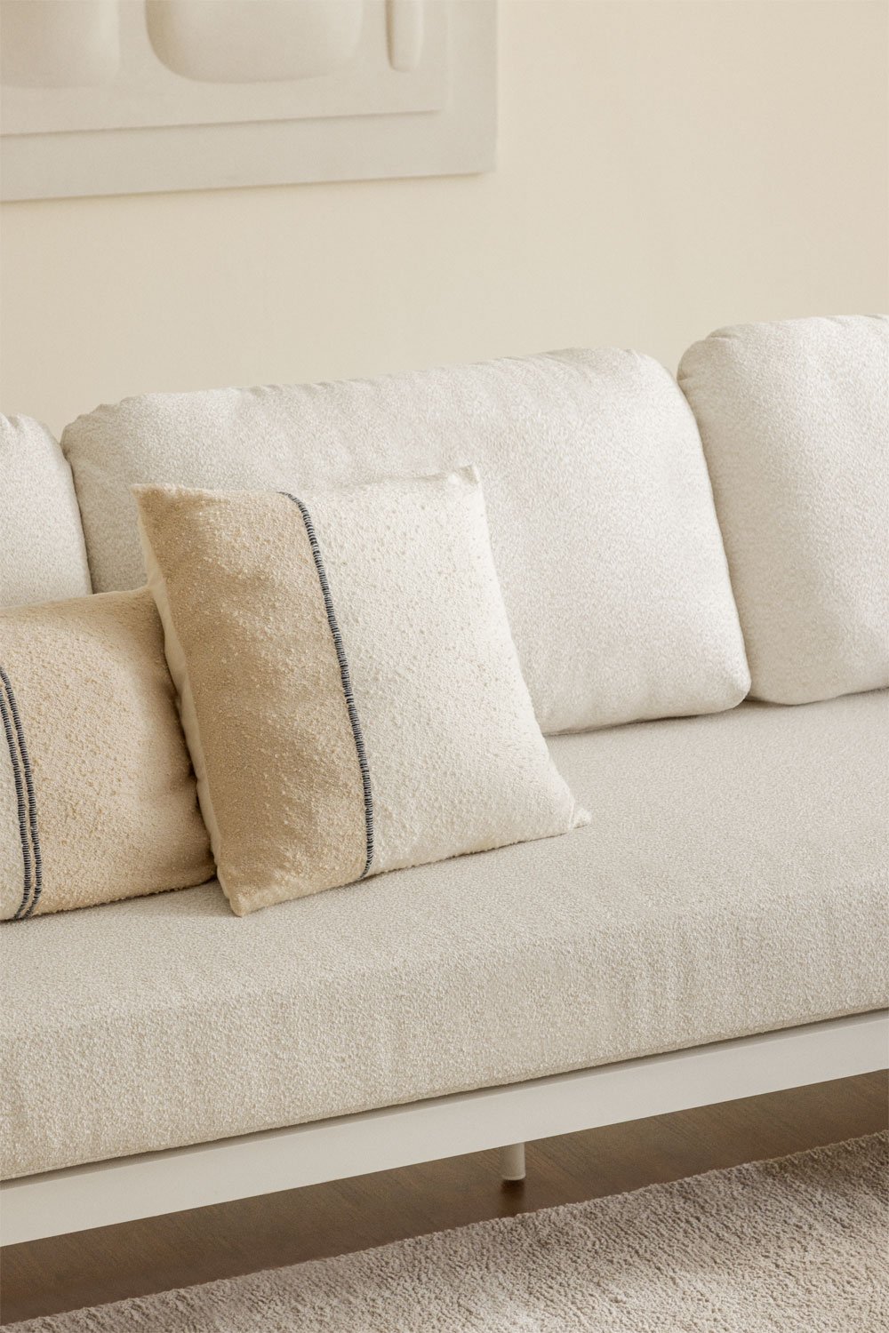 Set soggiorno con divano 3 posti in tessuto bouclé e tavolino rettangolare 120x70 cm in alluminio Sereilen