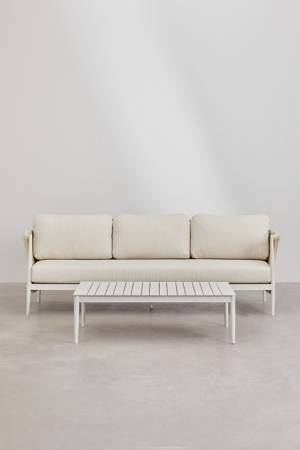 Set soggiorno con divano 3 posti in tessuto bouclé e tavolino rettangolare 120x70 cm in alluminio Sereilen