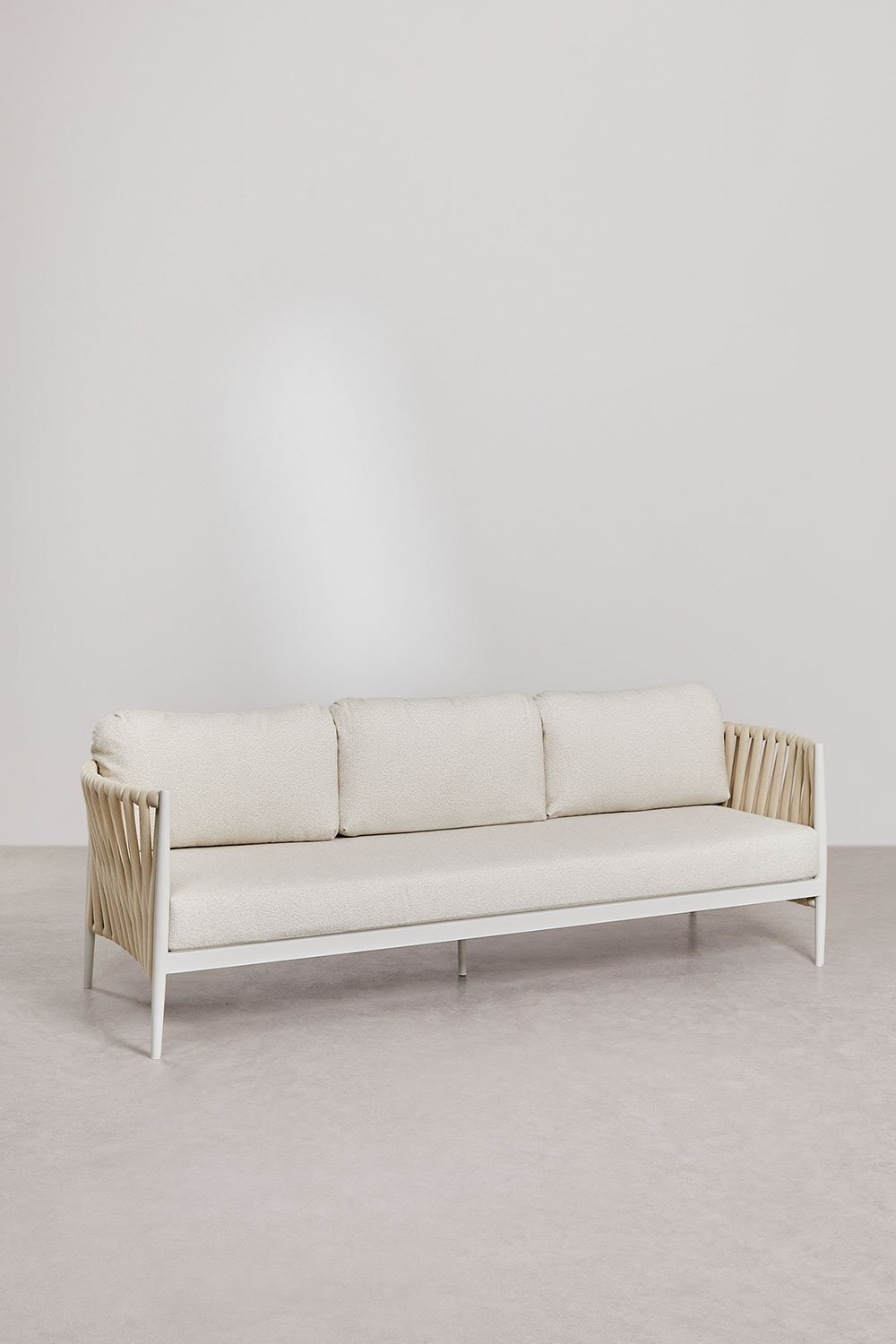 Set soggiorno con divano 3 posti in tessuto bouclé e tavolino rettangolare 120x70 cm in alluminio Sereilen