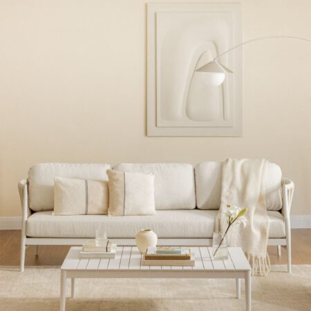 Set soggiorno con divano 3 posti in tessuto bouclé e tavolino rettangolare 120x70 cm in alluminio Sereilen