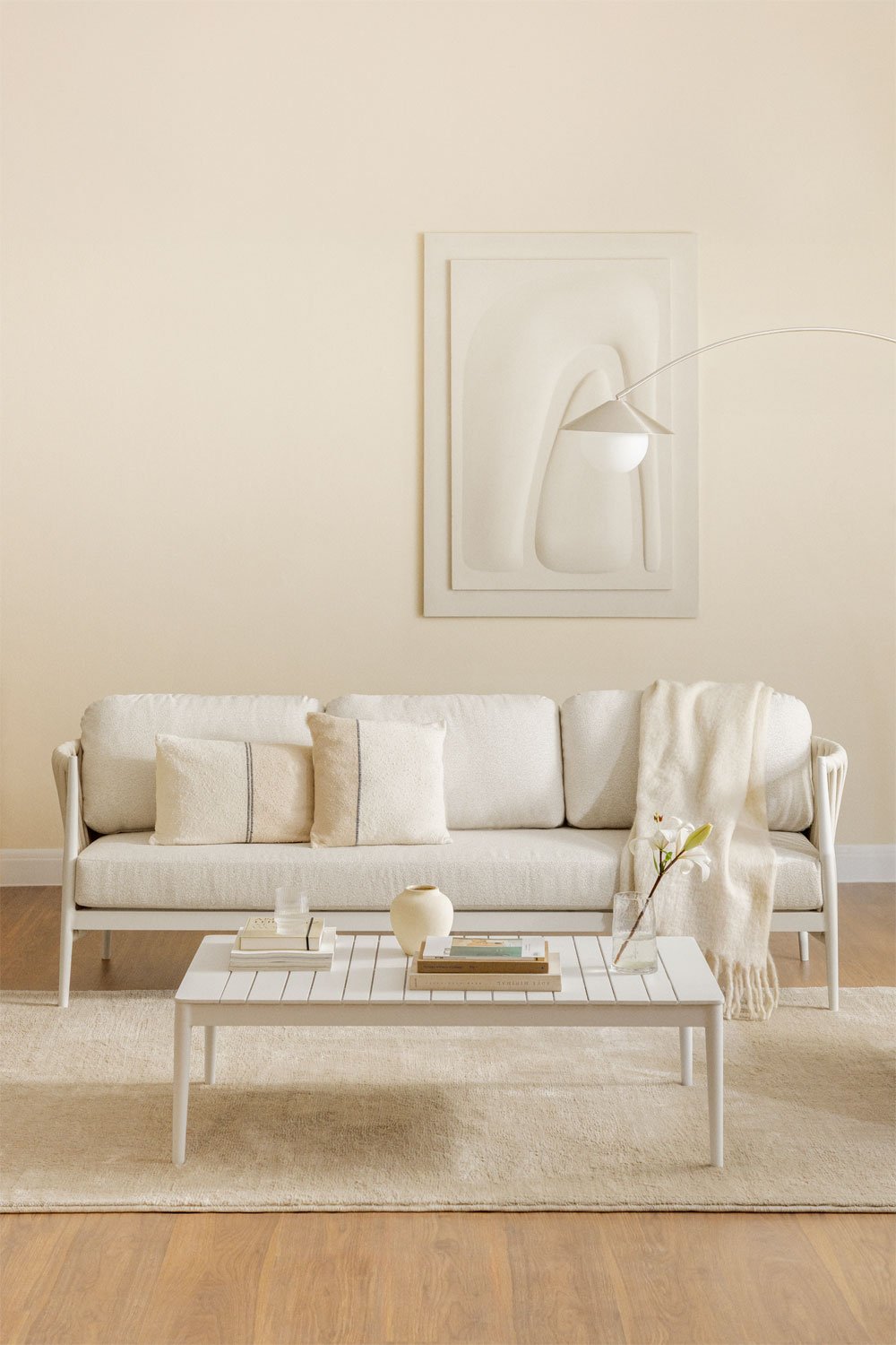 Set soggiorno con divano 3 posti in tessuto bouclé e tavolino rettangolare 120x70 cm in alluminio Sereilen