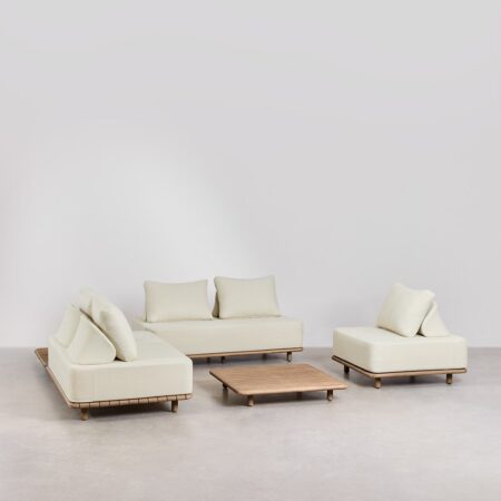 Set soggiorno con divano angolare componibile 2 pezzi, tavolino, poltrona e tavolino 95x95 cm in acacia Portet