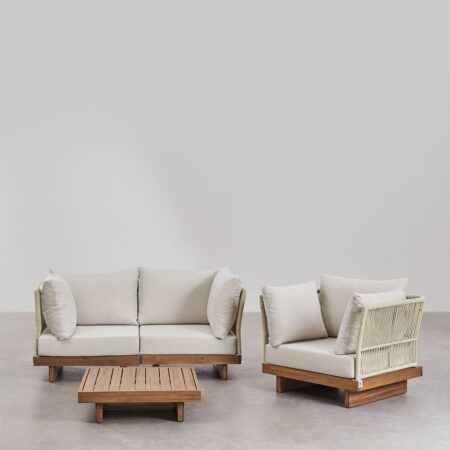 Set soggiorno con divano componibile 2 pezzi con 2 poltrone angolari, tavolino e poltrona in legno di acacia Dailin