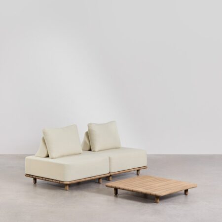 Set da salotto con divano modulare a 2 pezzi e tavolino 95x95 cm in acacia Portet