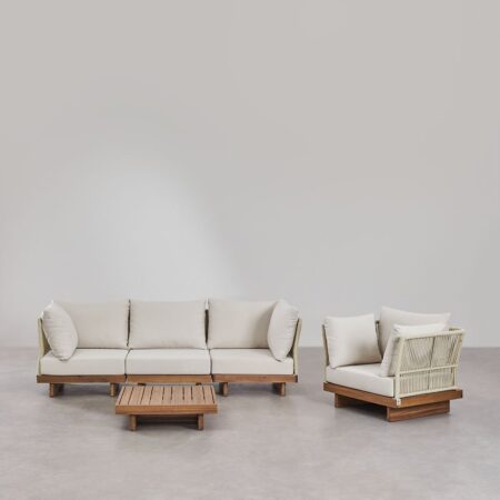 Set soggiorno con divano componibile 3 pezzi con 2 poltrone angolari, tavolino e poltrona in legno di acacia Dailin