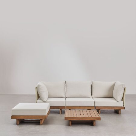 Set soggiorno con divano componibile 3 pezzi con 2 poltrone angolari, tavolino e pouf in legno di acacia Dailin