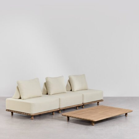 Set da salotto con divano modulare a 3 pezzi e tavolino 160x95 cm in acacia Portet