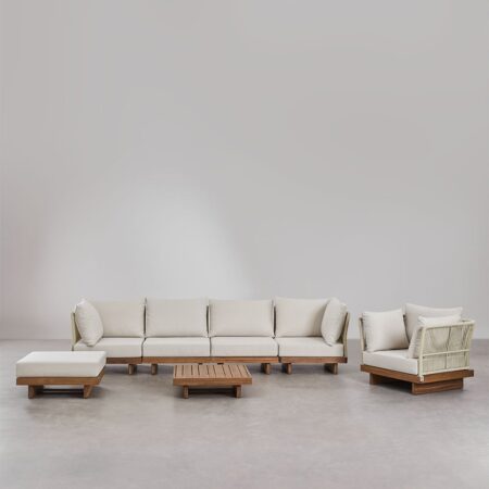 Set soggiorno con divano componibile 4 pezzi con 2 poltrone angolari, tavolino, poltrona e pouf in legno di acacia Dailin