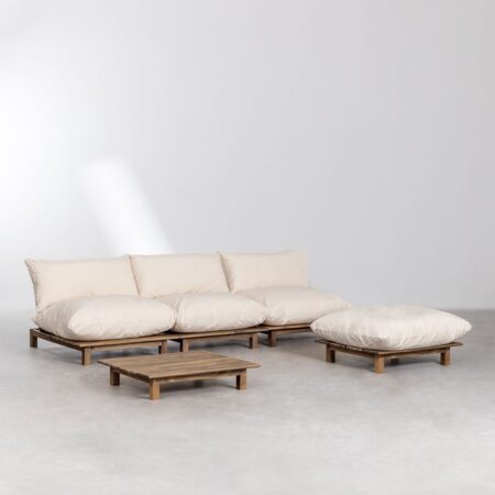 Set soggiorno con divano reclinabile componibile 3 pezzi, tavolino e pouf in legno di acacia Brina