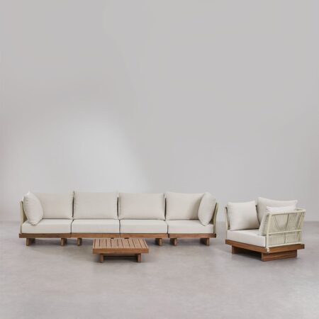 Set soggiorno con divano componibile 4 pezzi con 2 poltrone angolari, tavolino e poltrona in legno di acacia Dailin
