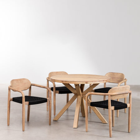 Set Tavola Rotonda (Ø100 cm) e 4 Sedie da Giardino con Braccioli in Legno Naele