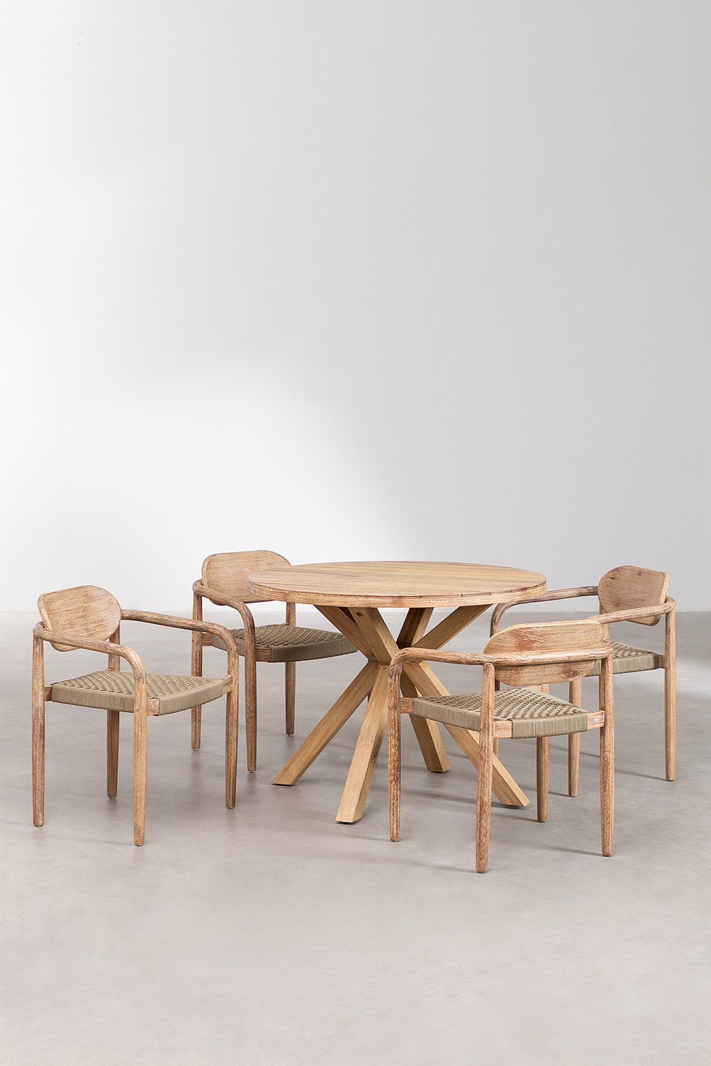 Set Tavola Rotonda (Ø100 cm) e 4 Sedie da Pranzo con Braccioli in Legno Naele