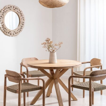 Set Tavola Rotonda (Ø100 cm) e 4 Sedie da Pranzo con Braccioli in Legno Naele