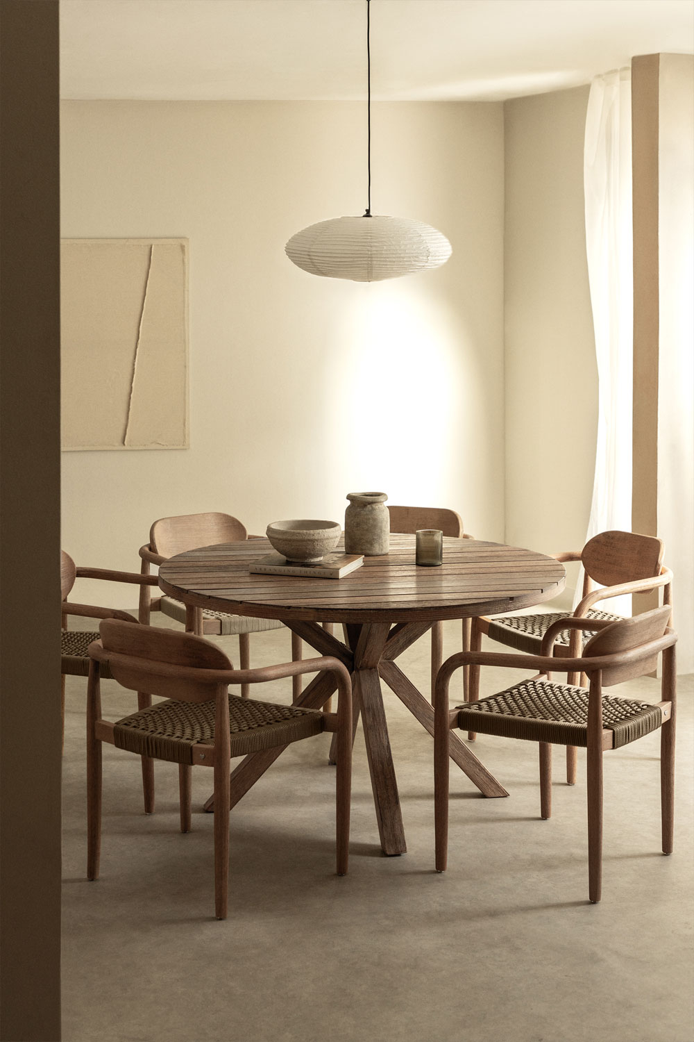 Set Tavola Rotonda (Ø120 cm) e 6 Sedie da Pranzo con Braccioli in Legno Naele